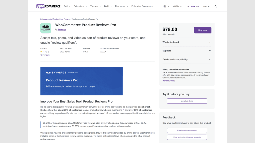 screenshot of the woocommerce product reviews pro homepage