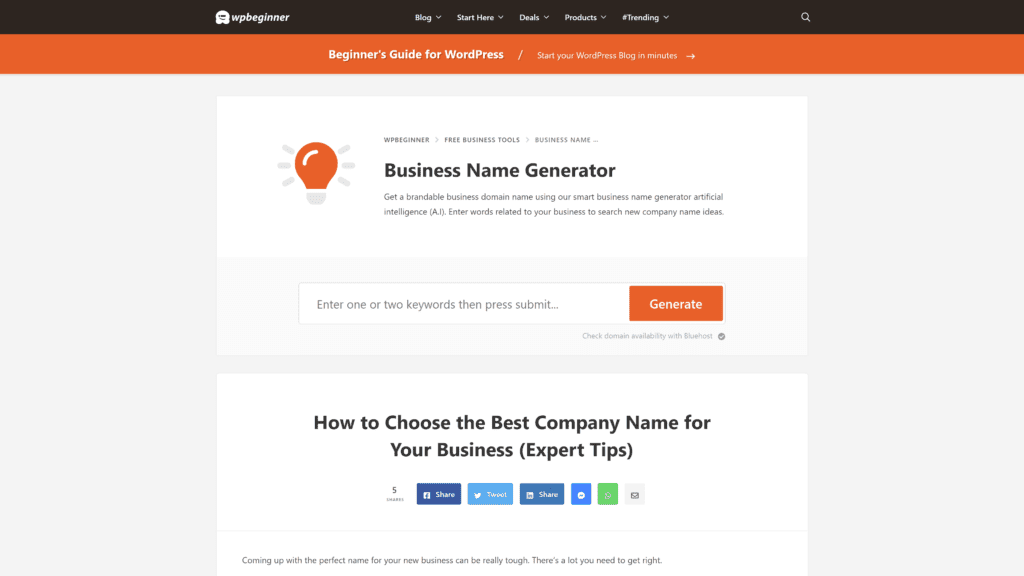 wpbeginner business name generator homepage screenshot 1