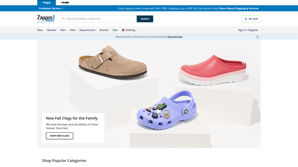 screenshot of the zappos homepage