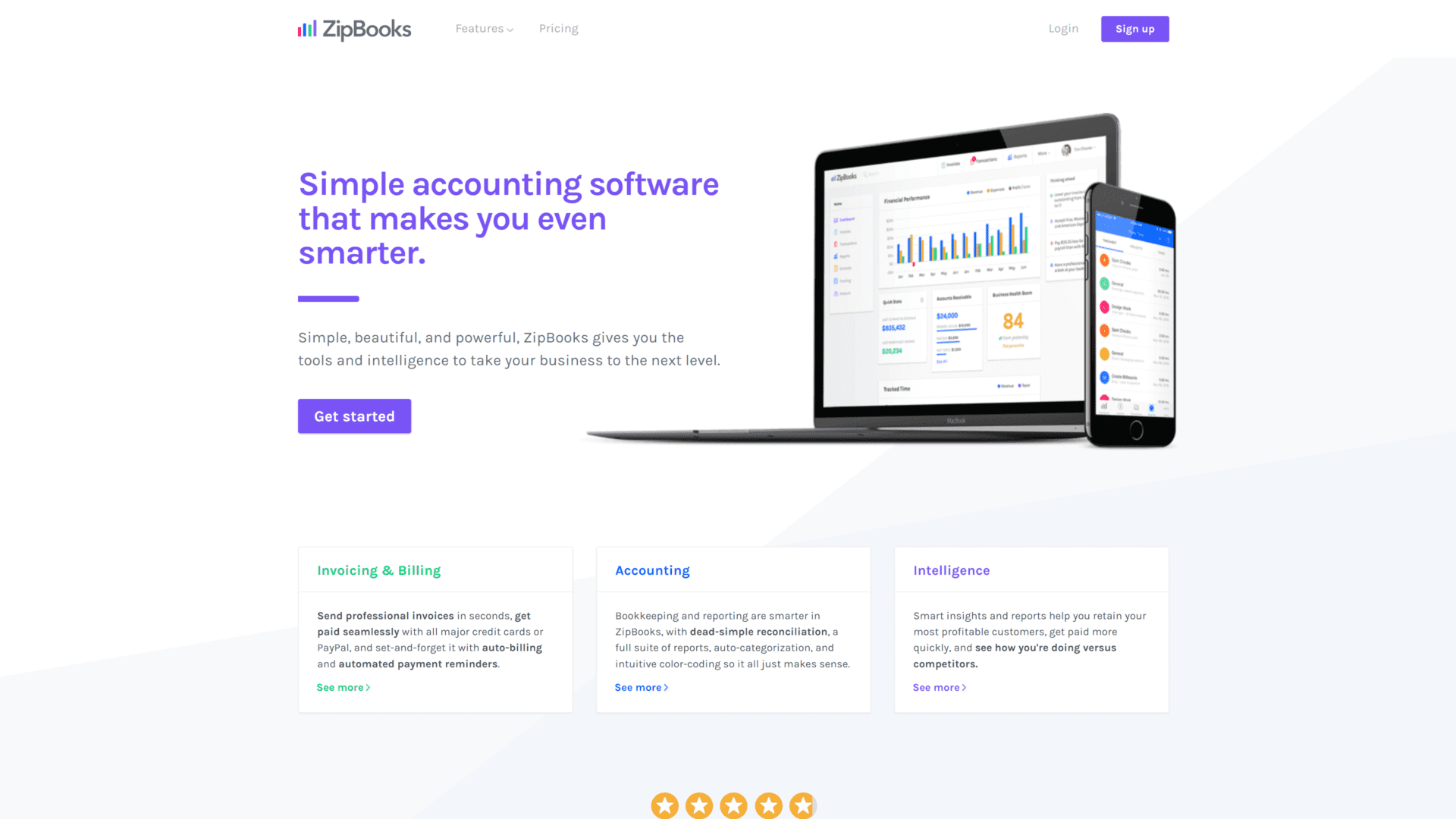 screenshot of the zipbooks homepage