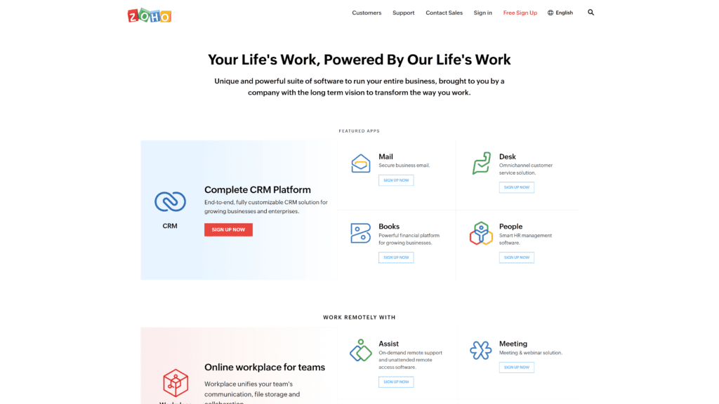 A screenshot of the Zoho homepage