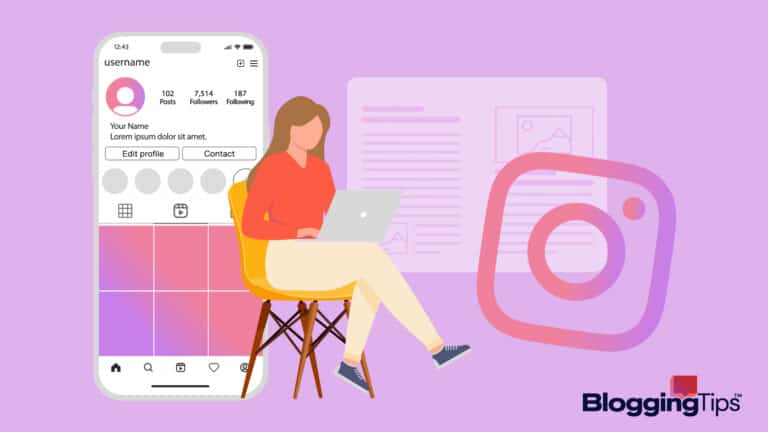 vector graphic showing an illustration of a woman learning how to start a blog on instagram