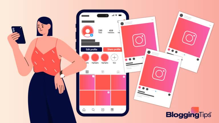 vector graphic showing an illustration of a woman learning about Instagram grid layout