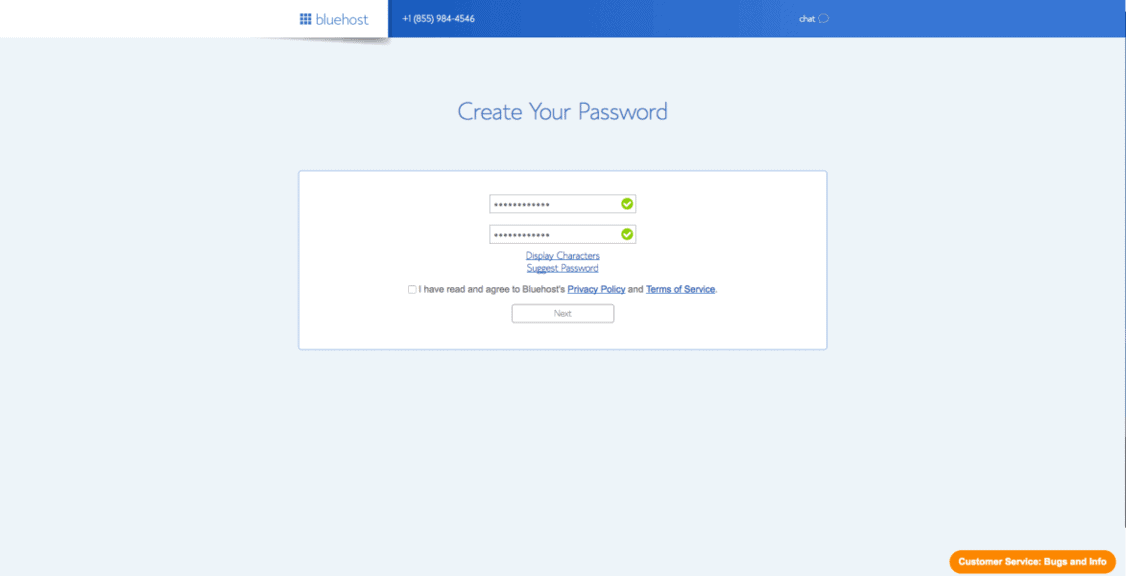 screenshot showing how to create an account on bluehost.com