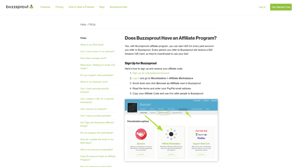 screenshot of the buzzsprout affiliate program homepage