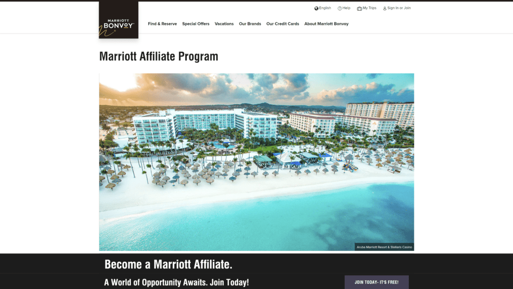 screenshot of the mariott affiliate program homepage