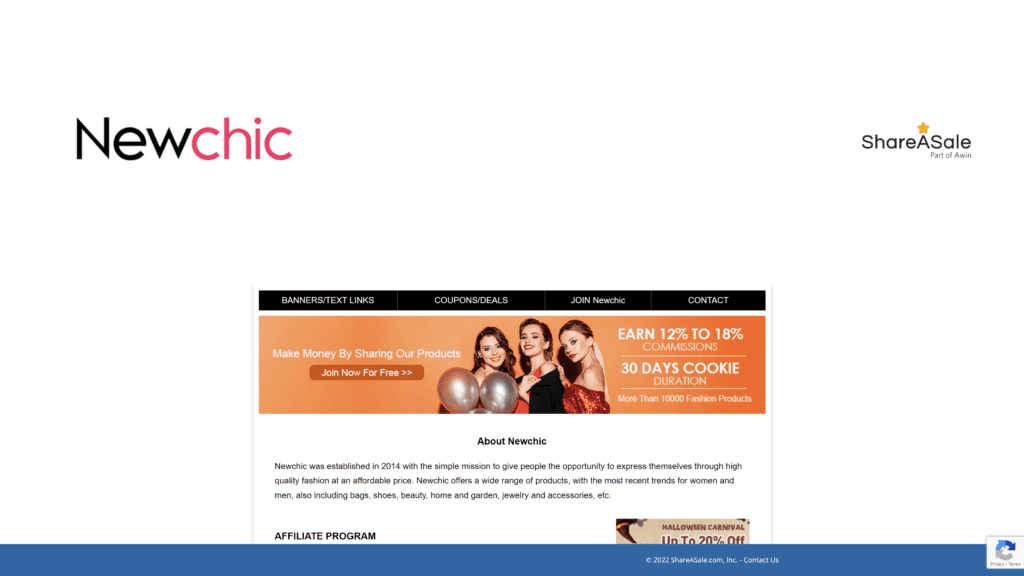 screenshot of the newchic affiliate program homepage