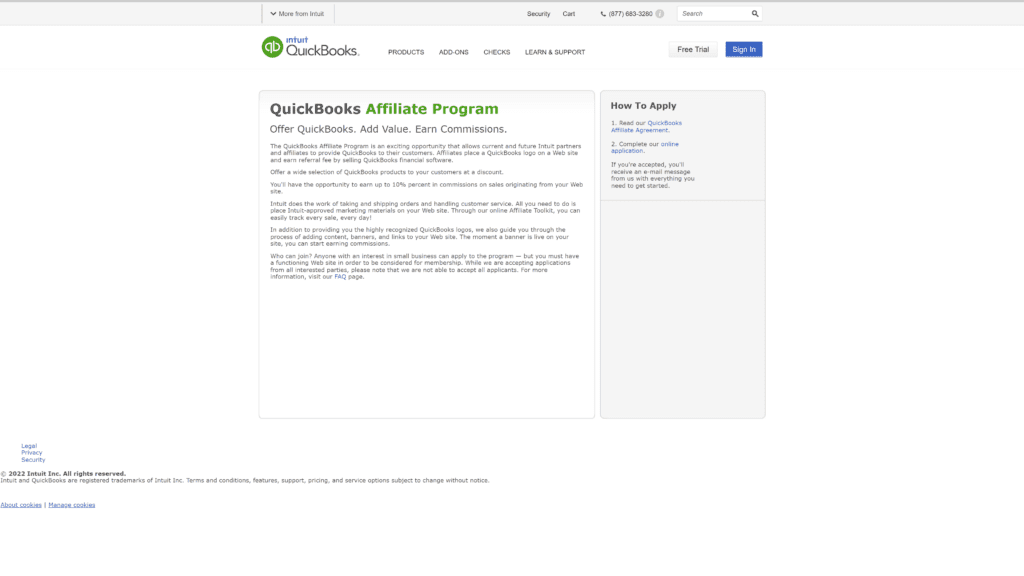 screenshot of the quickbooks affiliate program homepage