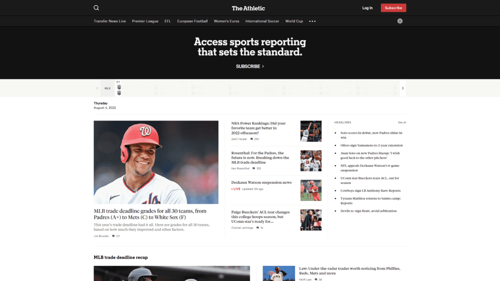 The Athletic homepage screenshot 1
